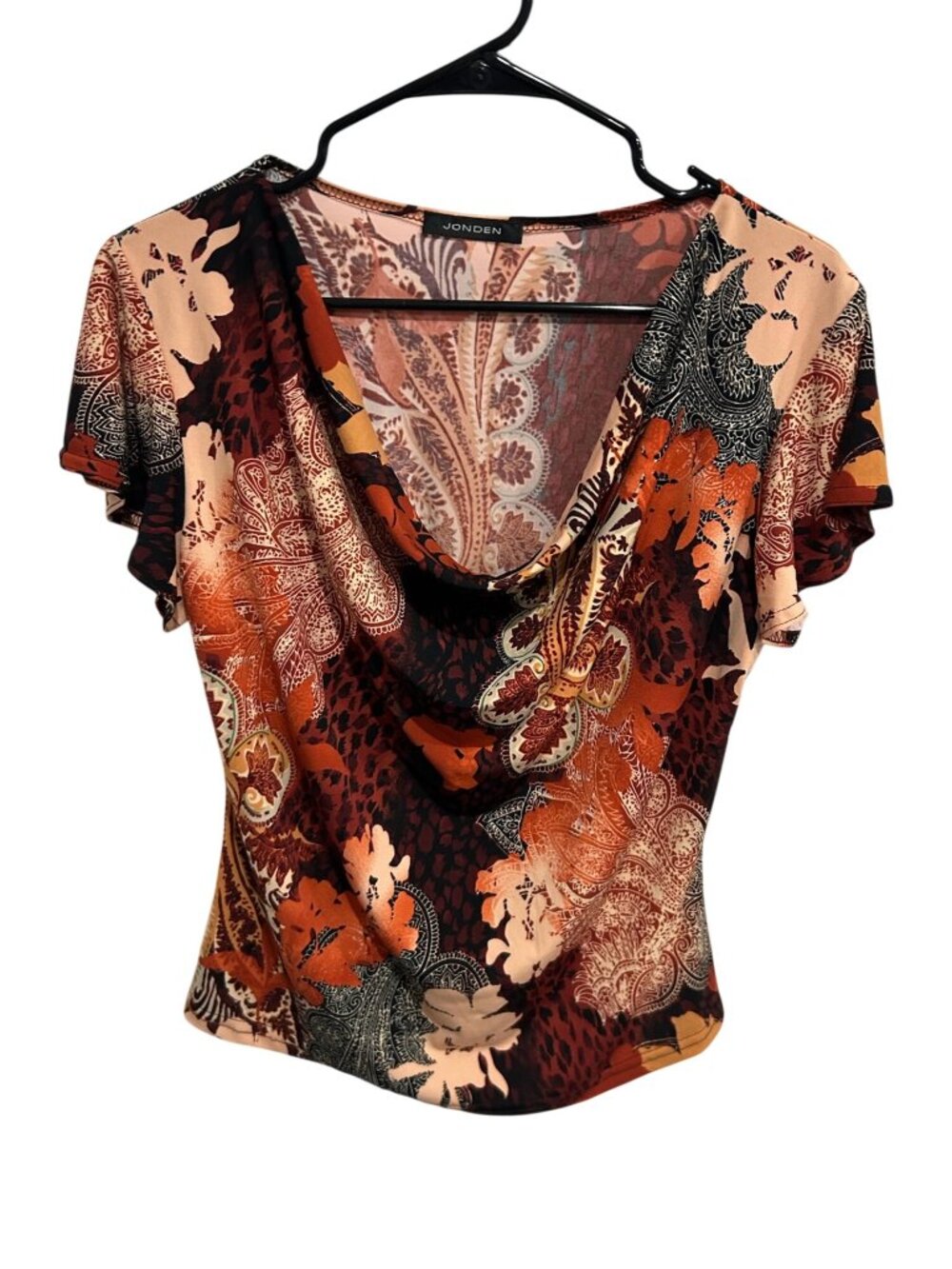 Jonden Paisley Floral Draped Cowl Neck Top Size L Naturecore Bohemian Retro